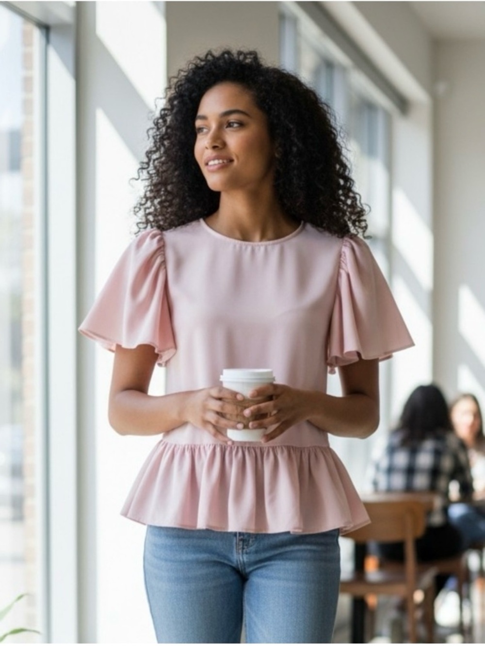 Express Soft Pink Peplum Top with Flutter Sleeves